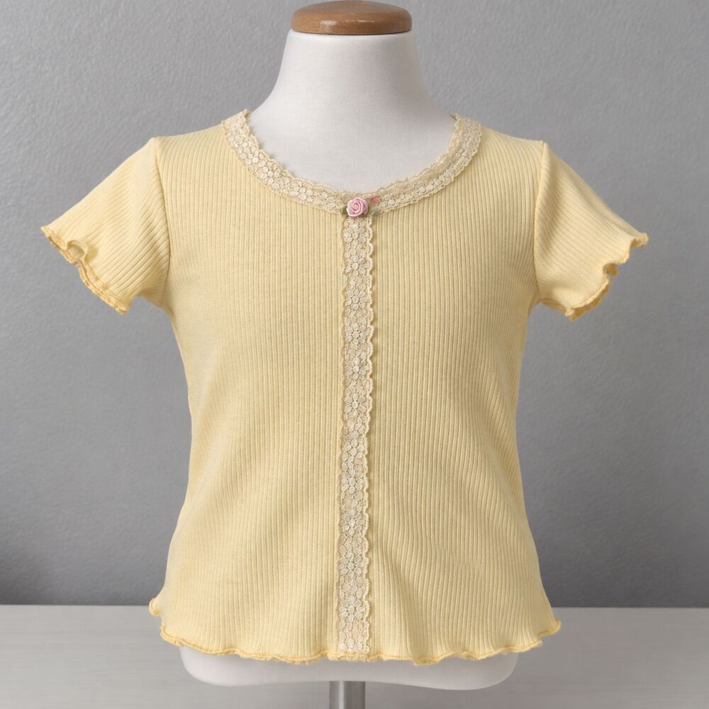 Belle du Jour Girls Top Large Lace‎ Rose Ribbed Yellow Cottagecore Coquette Y2K